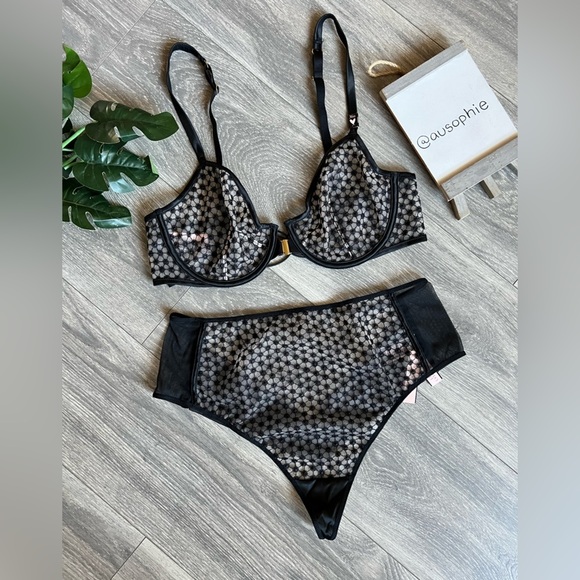 Victoria’s Secret black starburst unlined Demi bra high waisted thong panty NWT! - Picture 2 of 11